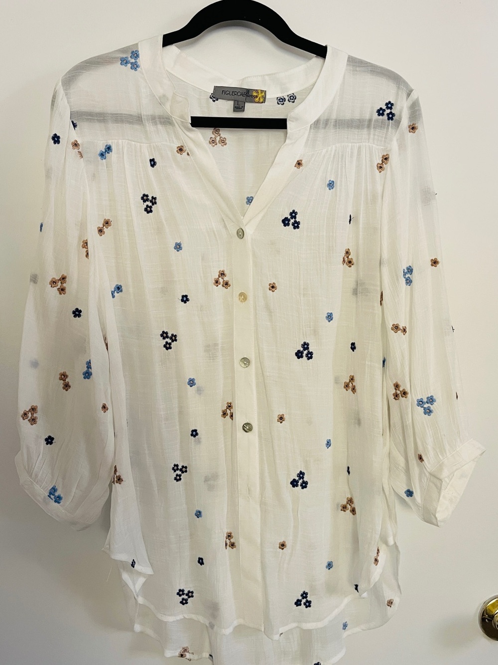 White Button-Down Blouse with Blue and Tan Floral Embroidery